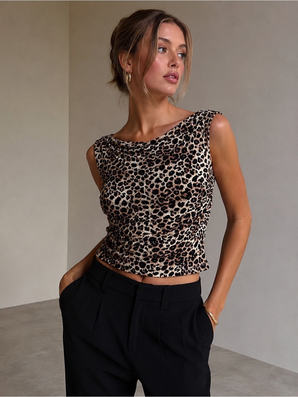 NWOT Leopard Print Sleeveless Cowl Neck Top - Size S